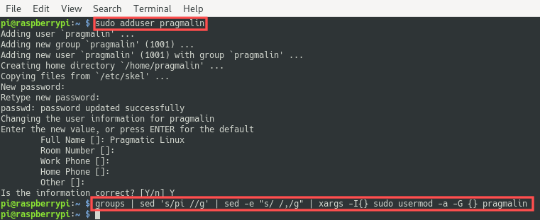 Terminal screenshot that explains how to add a new user and add it to the same groups as the pi user. Commands adduser and usermod were used - setup your Raspberry PI 4 as a headless server