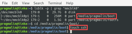 Terminal screenshot showing you how to create the empty ssh file on the boot partition - setup your Raspberry PI 4 as a headless server