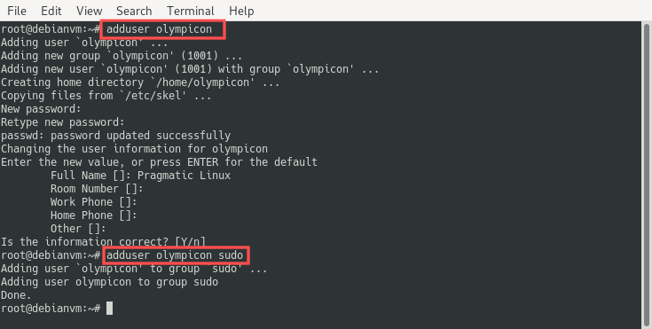 Shows the command in the terminal for adding a new user in Debian