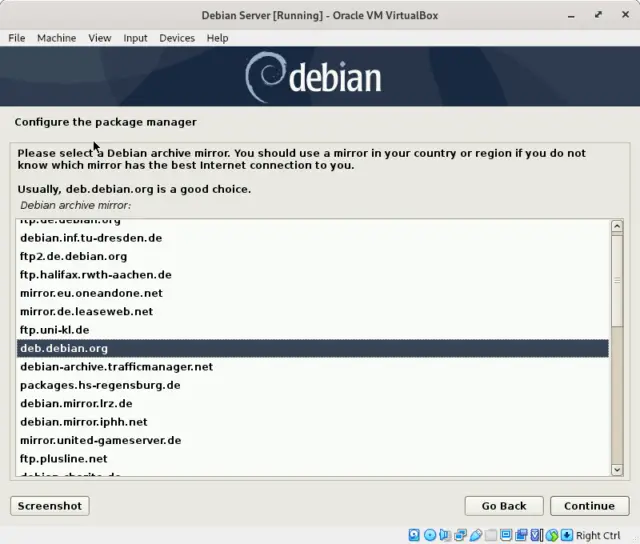 Select the Debian archive mirror