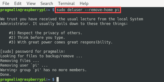 Terminal screenshot that shows you how the pi user is deleted with the help if the deluser command