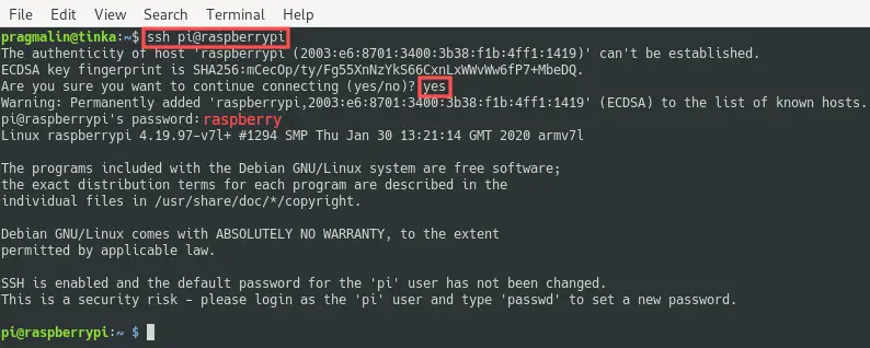 Terminal screenshot that shows how to login to Raspbian with SSH for the first time with user pi and password raspberry - setup your Raspberry PI 4 as a headless server