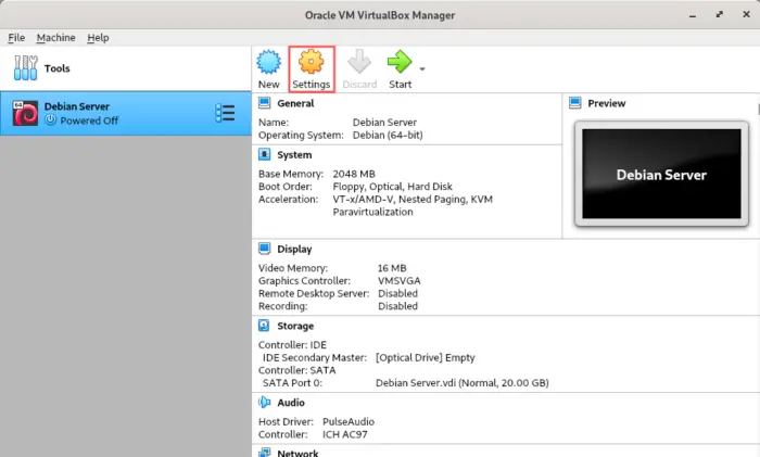 Illustrates how to open the settings dialog of the virtual machine