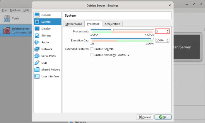 Configures the number of CPUs for the virtual machine