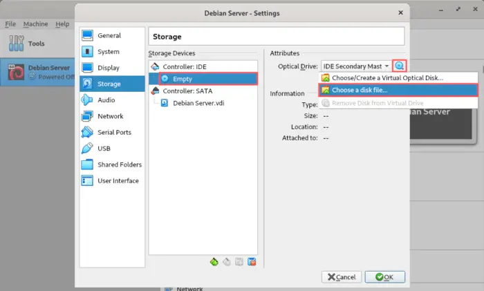 Illustrates how to attach the Debian ISO file to the optical drive