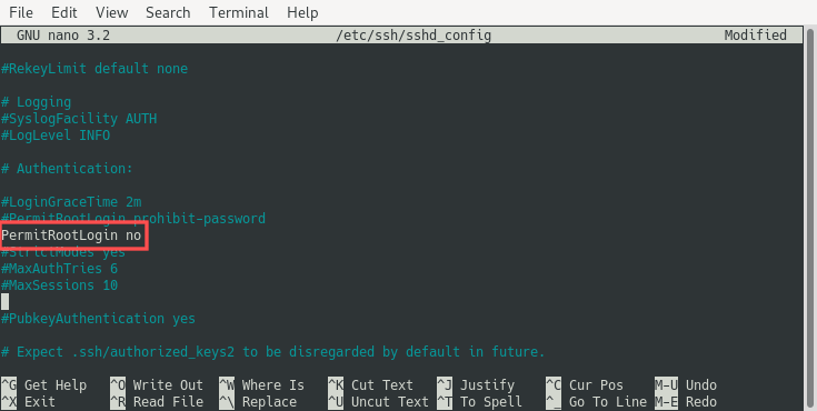 Screenshot of editing /etc/ssh/sshd_config with Nano to set PermitRootLogin to no