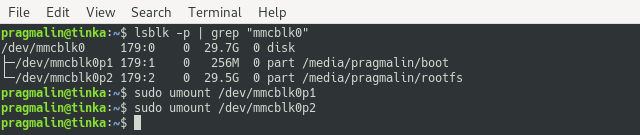 Terminal screenshot of how to unmount the SD-card partitions