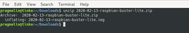 Terminal screenshot of how to upzip the downloaded Raspbian archive