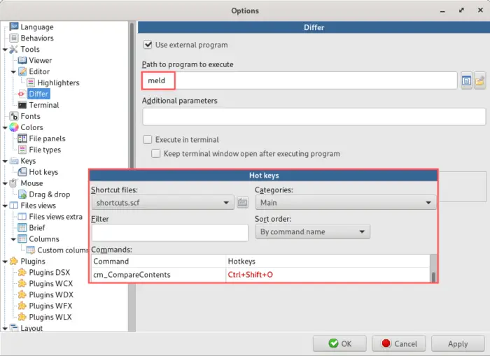 Screenshot of how to configure an external file diff program