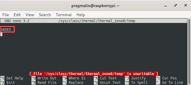 Screenshot of file /sys/class/thermal/thermal_zone0/temp in the Nano editor that contains the Raspberry PI CPU temperature. The temperature is in degrees Celsius with a factor of 1000.