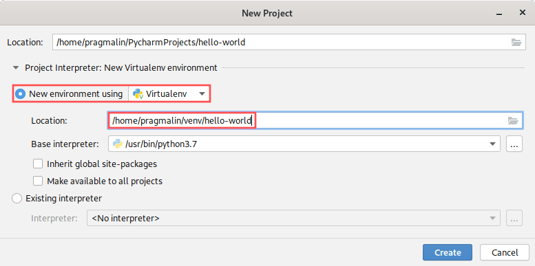 Screenshot of the new project wizard to illustrate the PyCharm virtual environment creation