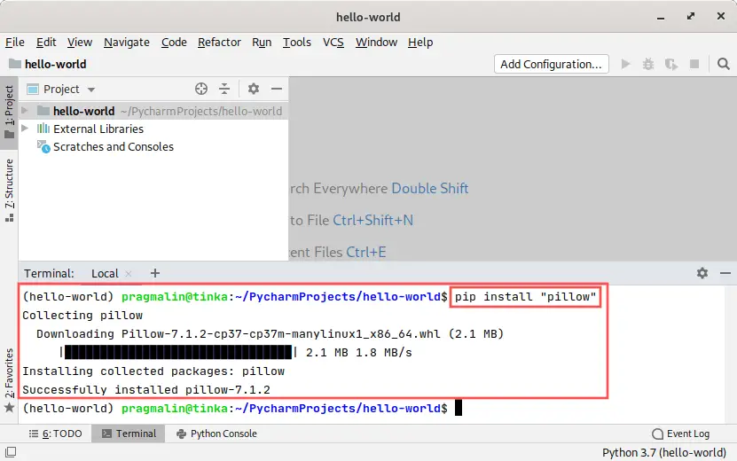 PyCharm screenshot that explains how to install the pillow package from PyPi with the help of pip