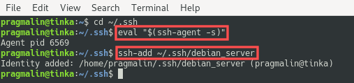 Terminal screenshot that shows to the private SSH key file is registered with the SSH authentication agent.