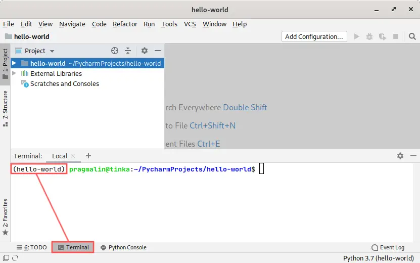 PyCharm screenshot that explains how to verify that the virtual environment is active, through its terminal window