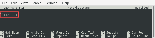 Terminal screenshot of nano editing /etc/hostname.