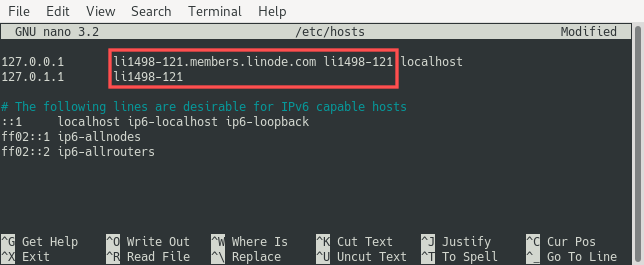 Terminal screenshot of nano editing /etc/hosts