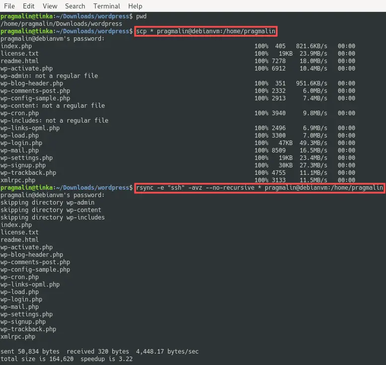 Terminal screenshot that shows the commands and their output for copying all files in a directory to a remove server via SSH.