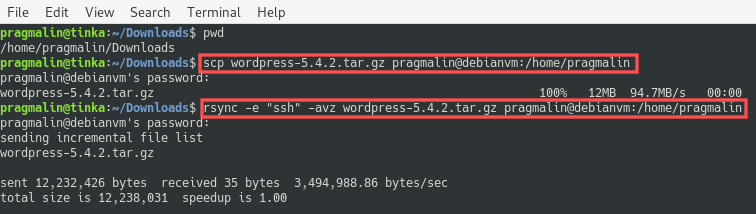 Terminal screenshot that shows the commands and their outputs for copying a single file via SSH.