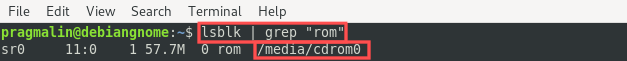 Terminal screenshot that show the output of the lsblk | grep "rom" command. It is used to determine to which directory the VirtualBox guest additions CD image got mounted.