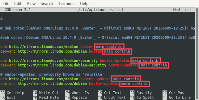 Screenshot of the nano editor editing /etc/apt/sources.list for enabling the Debian main and contrib repositories.