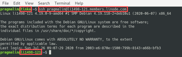 Terminal screenshot of the first time using the SSH key pair for logging in via SSH. Note that no password needs to be entered anymore.