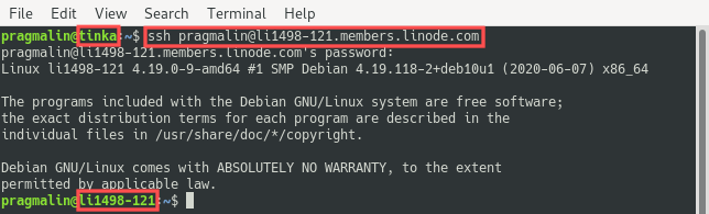 Terminal screenshot that shows the first SSH login of the newly created user by providing the username and password.