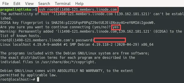 Terminal screenshot that shows the first SSH login with the root user of the newly setup Linode VPS server.