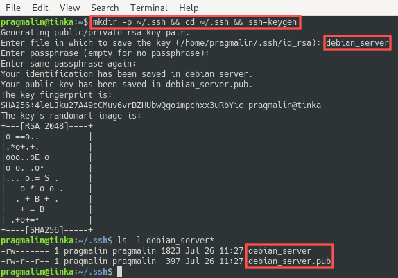 Terminal screenshot that shows the creation of a new SSH key pair with the help of the ssh-keygen command.