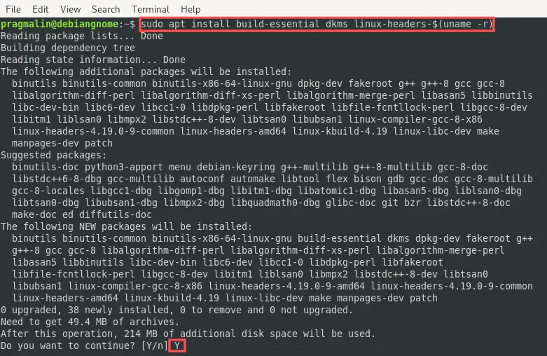 Terminal screenshot that show how to install the dependencies with apt that are needed to install the VirtualBox guest additions