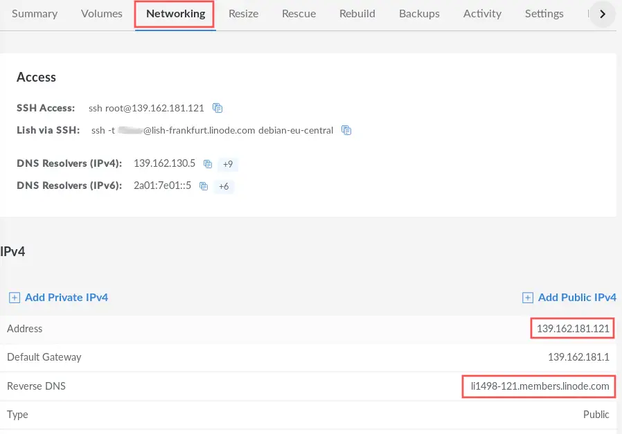 Screenshot of the networking section on the Linode manager website. Parts are highlighted to illustrate where the IP address and the FQDN of the new VPS are listed.