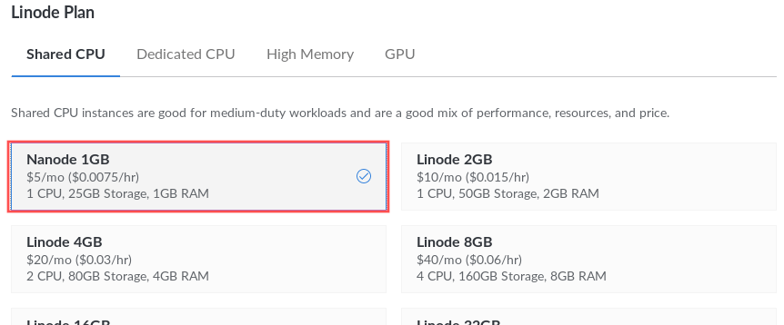 Screenshot of the Linode manager website that shows how to select the plan for the setup of the new VPS server