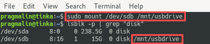 Terminal screenshot that illustrates how the USB disk is mounted to a specific mount point directory. Afterwards, the lsblk command is used to verify that the mount operation was successful