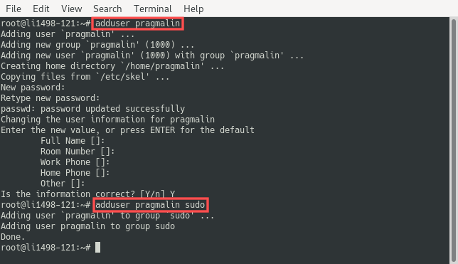 Terminal screenshot that shows how a new user is created in Debian Linux together with adding the user to the sudo group such that it can get root privileges.