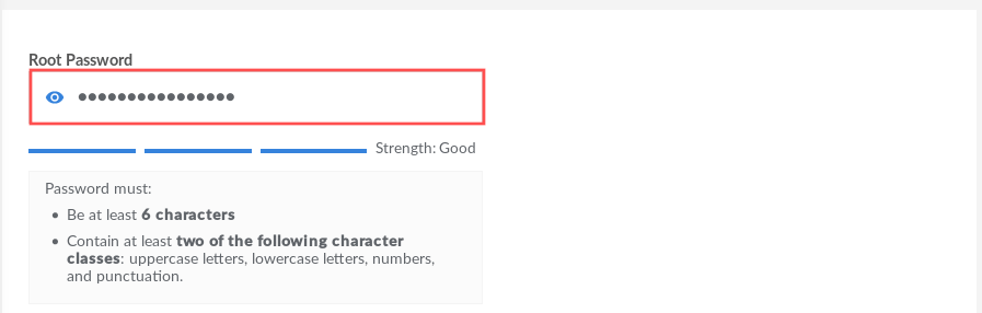 Screenshot of the Linode manager website that shows where to enter the root password for the new VPS. It is needed to login to the server via SSH.