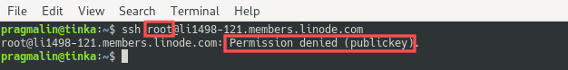 Screenshot that shows that the root user can no longer login via SSH. This is because the variable PermitRootLogin was set to no in /etc/ssh/sshd_config.