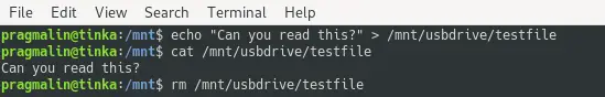 Terminal screenshot that shows how you verify read/write permissions on the mounted USB drive. It does this by creating a text file with some dummy text, outputting its contents on the terminal and finally deleting the file again