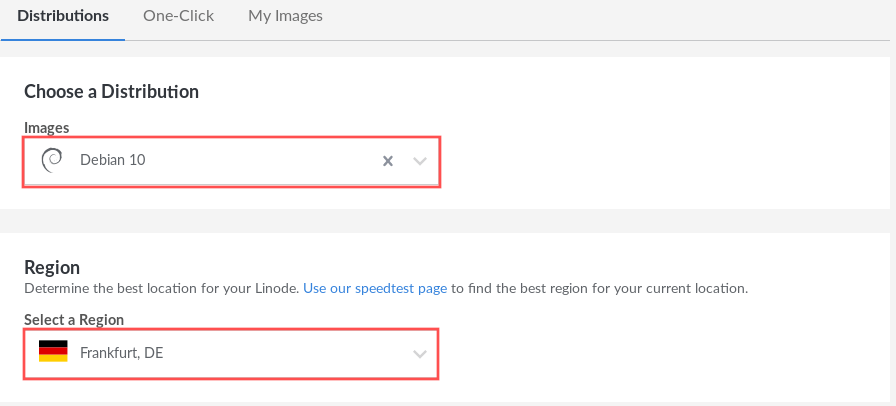 Screenshot that shows how to select the Debian 10 "buster" distribution and how to select the region for the setup of the new VPS server in the Linode manager website