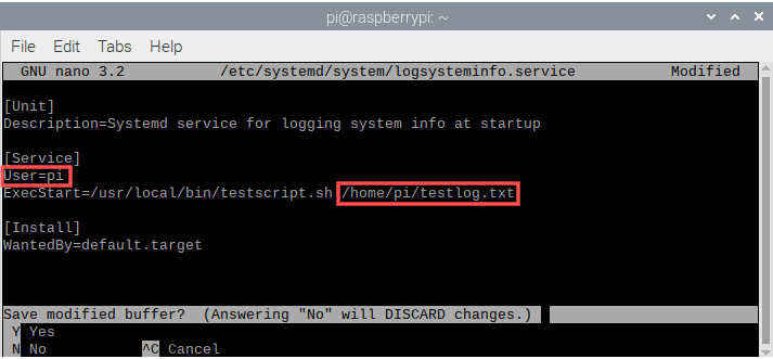 Screenshot of the Systemd service-file being edited with Nano. It highlights the changes such that the script will be executed as the non-root pi user.