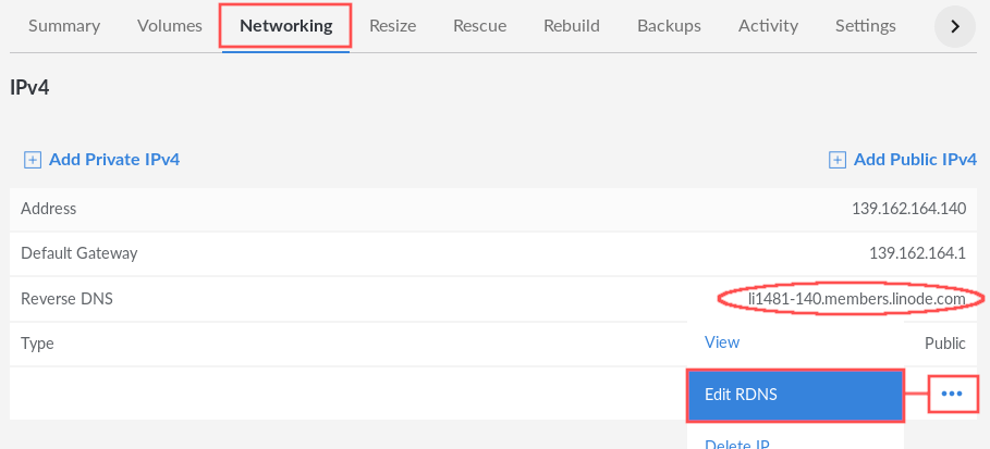 Screenshot of the VPS settings in the Linode manager. It highlights how to access the networking section where you can find the currently configured reverse DNS, together with the option to select in a popup menu to edit the reverse DNS configuration.