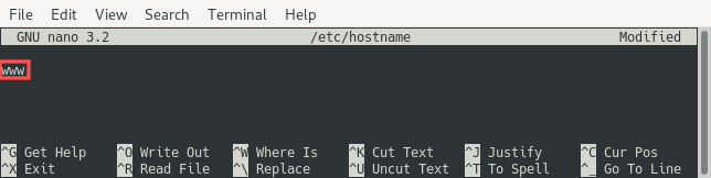 Terminal screenshot that shows you how to configure the hostname on a Debian 10 "buster" based Linode VPS server. It is done in the file /etc/hostname with the help of the nano editor.