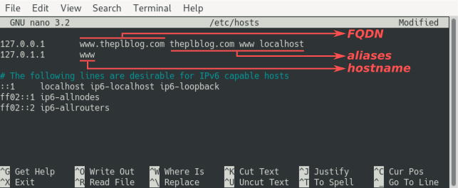 Terminal screenshot that shows you how to configure the hosts file on a Debian 10 "buster" based Linode VPS server. It is done in the file /etc/hosts with the help of the nano editor. You basically set the FQDN, hostname and optionally some aliases in this file.