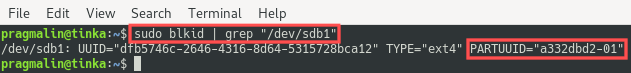 Terminal screenshot that shows how you can use the blkid command in Linux to obtain the PARTUUID of a partition. PARTUUID means universal unique partition identifier.