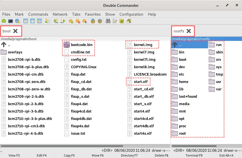 Double Commander screenshot that shows the boot and rootfs partitions on the SD card that has the Raspberry PI operating system (Raspbian) installed on it.