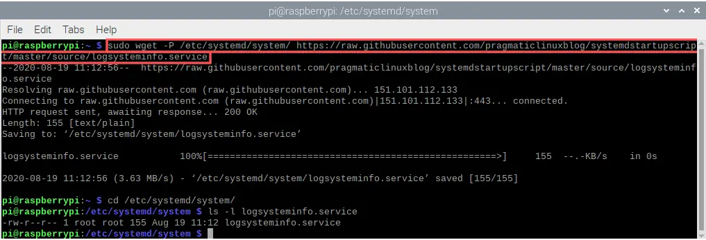 Terminal screenshot that shows you how to download the example service-file directly from the related PragmaticLinux GitHub directory with the help of the wget program. 