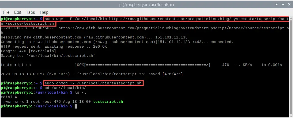 Terminal screenshot that show how to download the test shell script directly from the related PragmaticLinux GitHub repository with the help of the wget program.