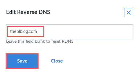 Screenshot of a dialog in the Linode manager networking settings that you can use to edit the reverse DNS configuration of your Linode VPS. You basically need to set it your own domain name.