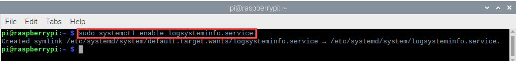 Terminal screenshot that shows how systemclt enables the Systemd service, which will run automatically during the Raspberry PI boot process.