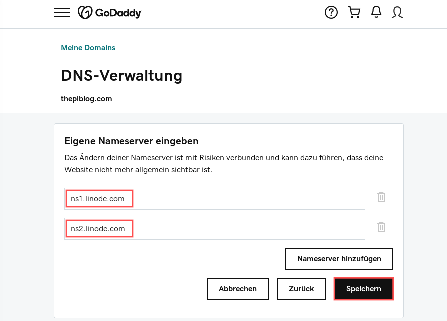 Screenshot of the GoDaddy website where you can enter the nameservers for the domain name. In this example, ns1.linode.com and ns2.linode.com are entered.