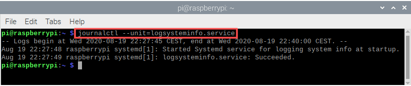 Terminal screenshot that shows the output of the journalctl --unit=logsysteminfo.service command. It can be used to determine that the Systemd service ran.