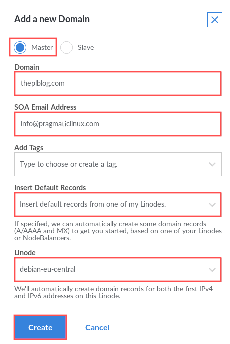 Screenshot of the Linode manager dialog where you can add a new domain. If you select your Linode and the option of insert default records for the Linode, Linode automatically create a set of DNS records that will actually be sufficient for now.